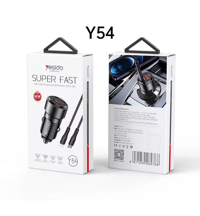 Yesido Super Fast CAR Charger With Usb-c Cable (60w)